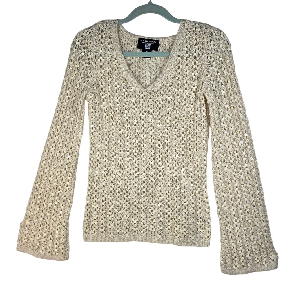 Ellen‎ Tracy Silk Mohair Sequin Crochet Sweater Saks Fifth Avenue Cream XS